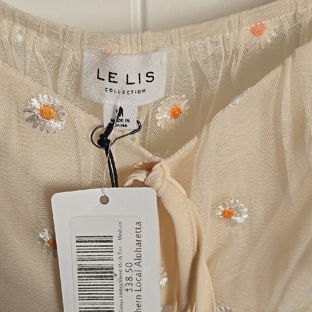 Le Lis Butter Yellow Puff Sleeve Daisy Embroidered Crop Top Off-Shoulder Sheer - Picture 4 of 7
